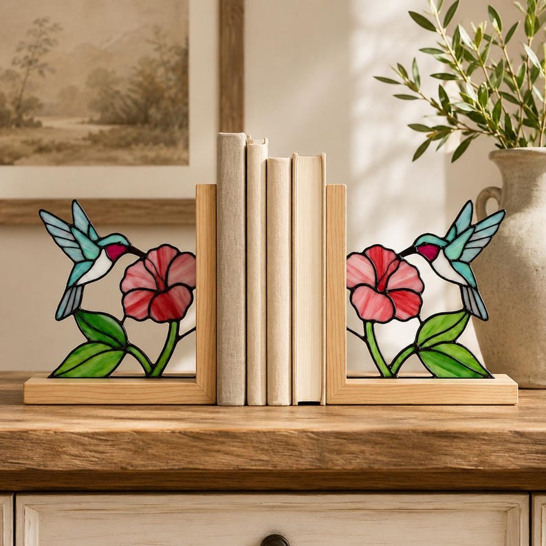 Glasmalerei Kolibri Buchstützen, Buchhalterset,  Holzsockel, 20 cm Höhe