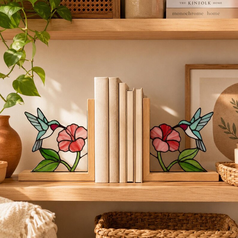 Glasmalerei Kolibri Buchstützen, Buchhalterset,  Holzsockel, 20 cm Höhe