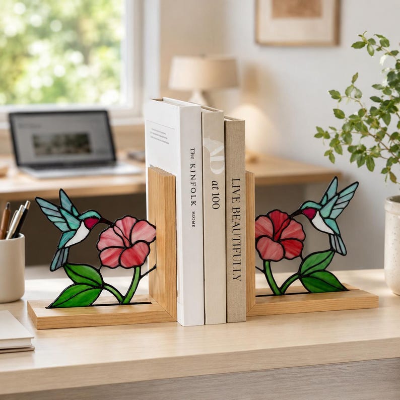 Glasmalerei Kolibri Buchstützen, Buchhalterset,  Holzsockel, 20 cm Höhe