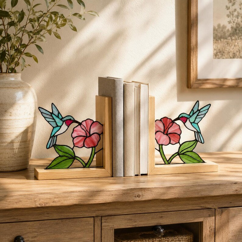 Glasmalerei Kolibri Buchstützen, Buchhalterset,  Holzsockel, 20 cm Höhe