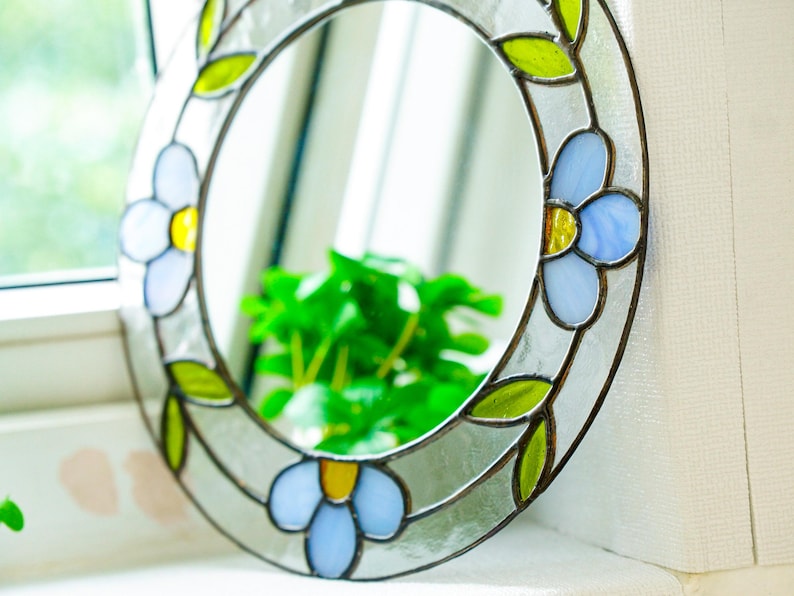 Blauer Buntglas-Spiegel, handgefertigter Hängespiegel, Boho Wanddekoration