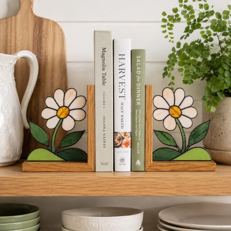 Gänseblümchen Buntglas Buchstützen 2er Set, Holz Buchhalter, Bücherregal Dekor