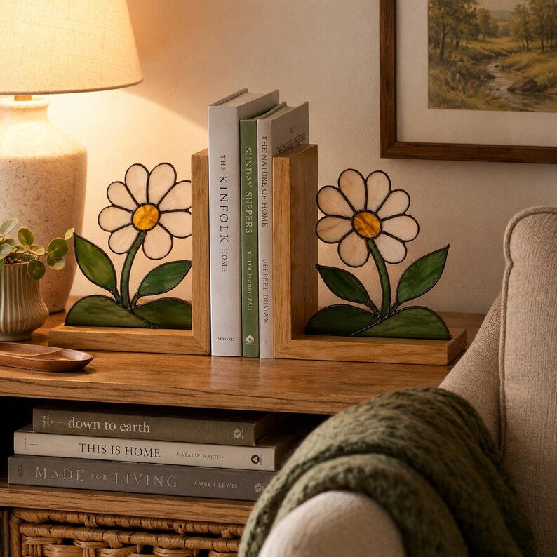 Gänseblümchen Buntglas Buchstützen 2er Set, Holz Buchhalter, Bücherregal Dekor