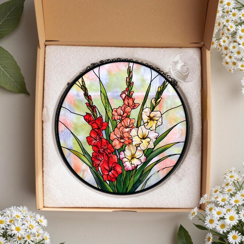 Gladiolen-Buntglas-Sonnenfänger, Blumenfensterbehang, Sommergarten-Dekor, Glasmetall