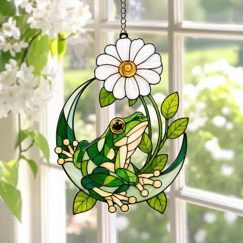 Frosch Gänseblümchen Sonnenfänger Acryl Fenster Deko Halbmond Buntglas Stil