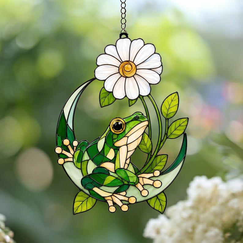 Frosch Gänseblümchen Sonnenfänger Acryl Fenster Deko Halbmond Buntglas Stil