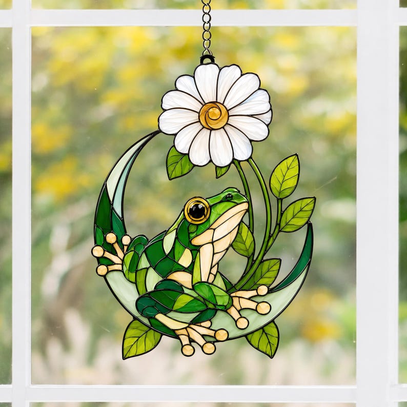 Frosch Gänseblümchen Sonnenfänger Acryl Fenster Deko Halbmond Buntglas Stil