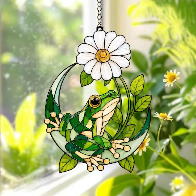 Frosch Gänseblümchen Sonnenfänger Acryl Fenster Deko Halbmond Buntglas Stil