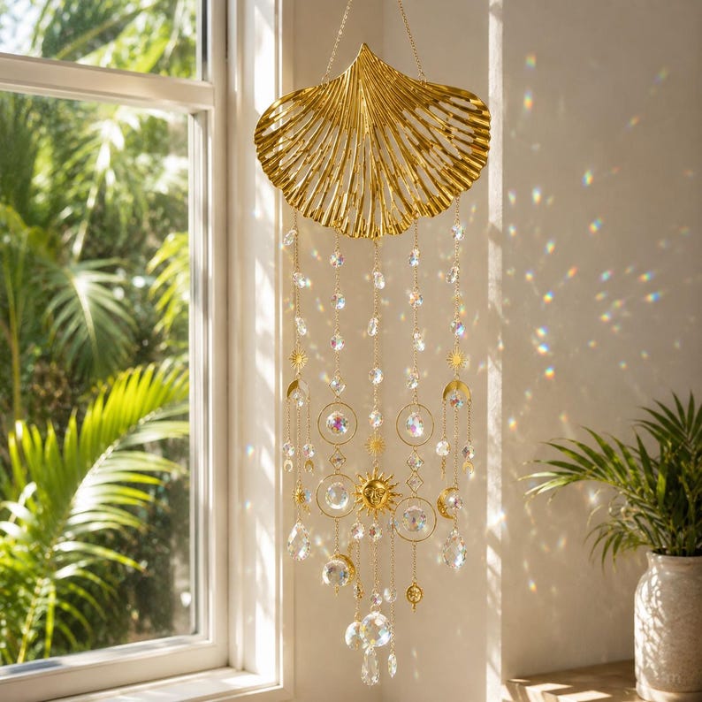 Ginkgo Kristall Windspiel Suncatcher Fenster Deko Gold Prisma Hänge Deko für Zuhause Garten