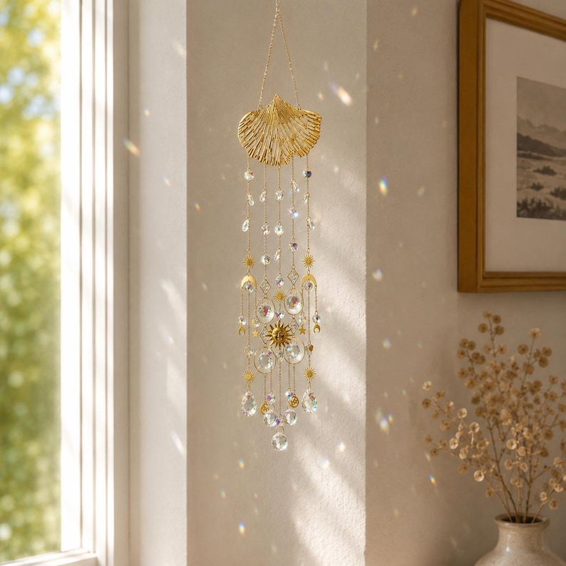 Ginkgo Kristall Windspiel Suncatcher Fenster Deko Gold Prisma Hänge Deko für Zuhause Garten