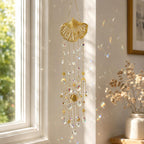 Ginkgo Kristall Windspiel Suncatcher Fenster Deko Gold Prisma Hänge Deko für Zuhause Garten