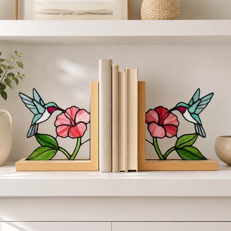 Glasmalerei Kolibri Buchstützen, Buchhalterset,  Holzsockel, 20 cm Höhe