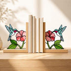 Glasmalerei Kolibri Buchstützen, Buchhalterset,  Holzsockel, 20 cm Höhe