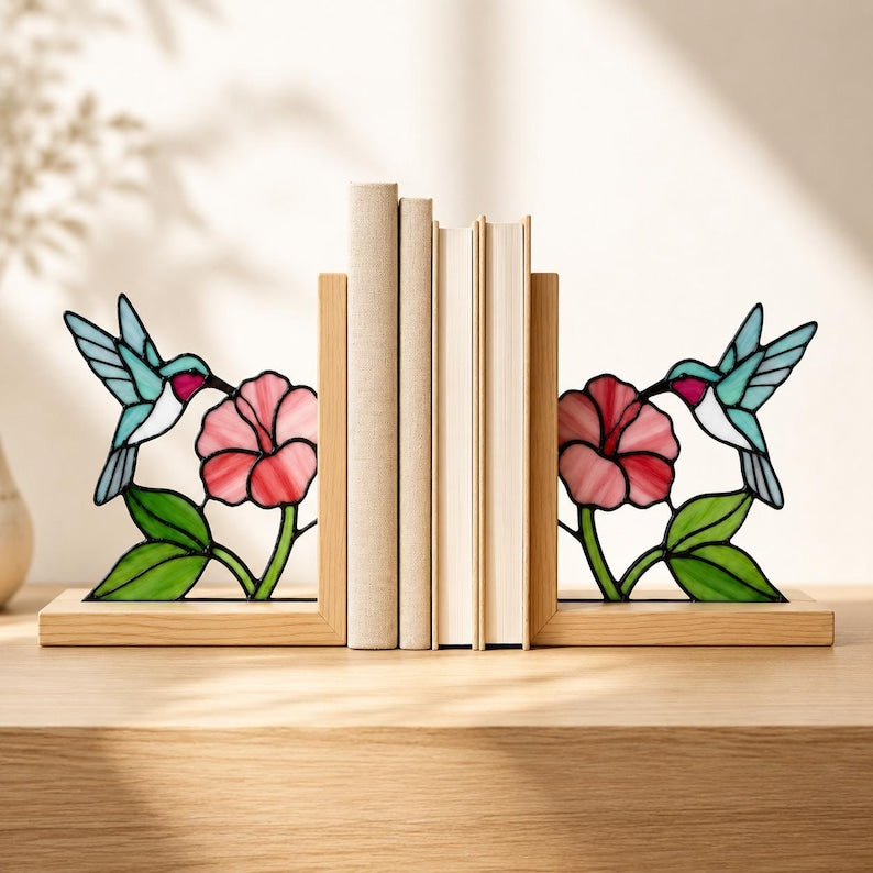Glasmalerei Kolibri Buchstützen, Buchhalterset,  Holzsockel, 20 cm Höhe