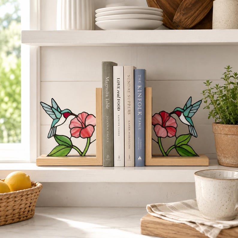 Glasmalerei Kolibri Buchstützen, Buchhalterset,  Holzsockel, 20 cm Höhe