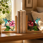 Glasmalerei Kolibri Buchstützen, Buchhalterset,  Holzsockel, 20 cm Höhe