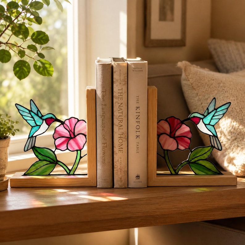 Glasmalerei Kolibri Buchstützen, Buchhalterset,  Holzsockel, 20 cm Höhe