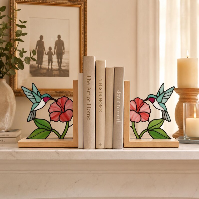 Glasmalerei Kolibri Buchstützen, Buchhalterset,  Holzsockel, 20 cm Höhe