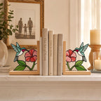 Glasmalerei Kolibri Buchstützen, Buchhalterset,  Holzsockel, 20 cm Höhe