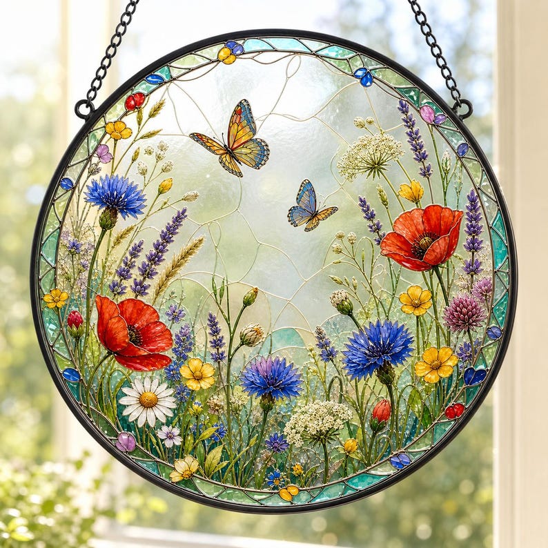 Suncatcher Wildblumenwiese, rundes Fensterhängedekor, im Glasmalerei-Stil, 15-31 cm