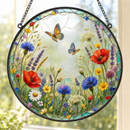 Suncatcher Wildblumenwiese, rundes Fensterhängedekor, im Glasmalerei-Stil, 15-31 cm
