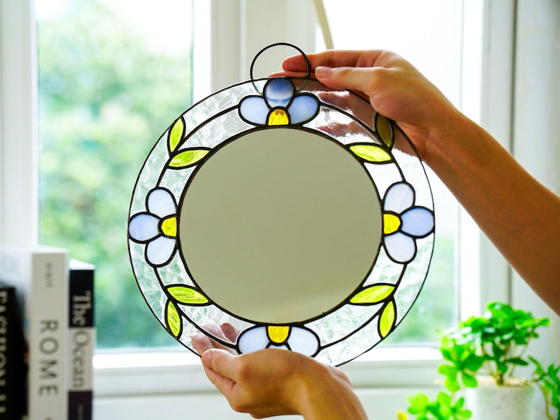 Blauer Buntglas-Spiegel, handgefertigter Hängespiegel, Boho Wanddekoration