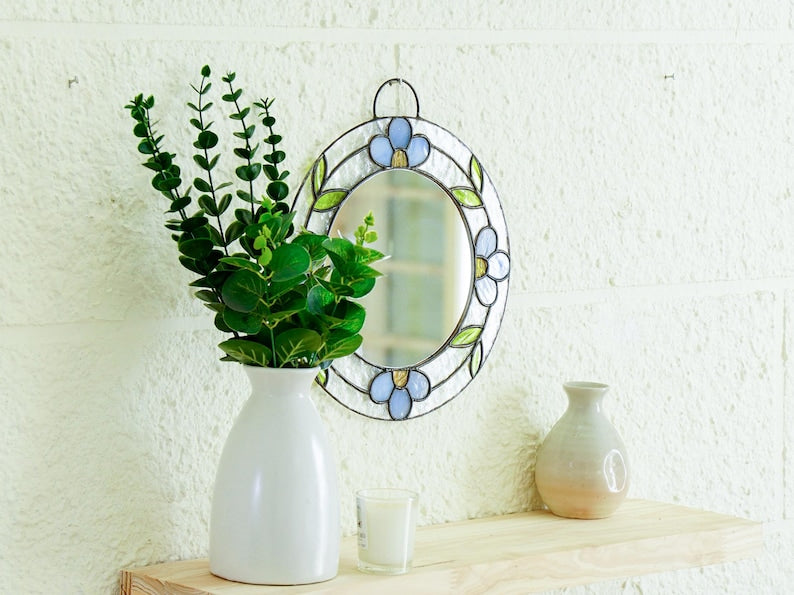 Blauer Buntglas-Spiegel, handgefertigter Hängespiegel, Boho Wanddekoration