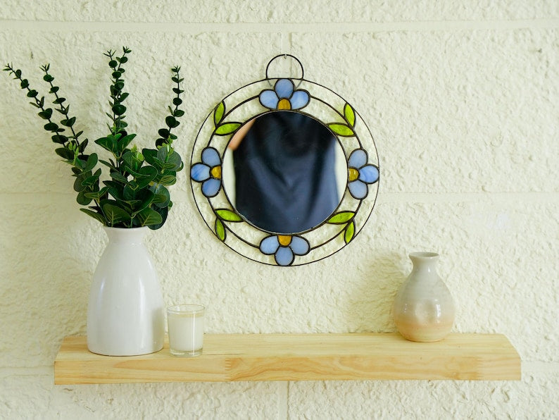 Blauer Buntglas-Spiegel, handgefertigter Hängespiegel, Boho Wanddekoration