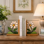 Gänseblümchen Buntglas Buchstützen 2er Set, Holz Buchhalter, Bücherregal Dekor