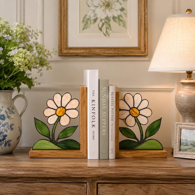 Gänseblümchen Buntglas Buchstützen 2er Set, Holz Buchhalter, Bücherregal Dekor