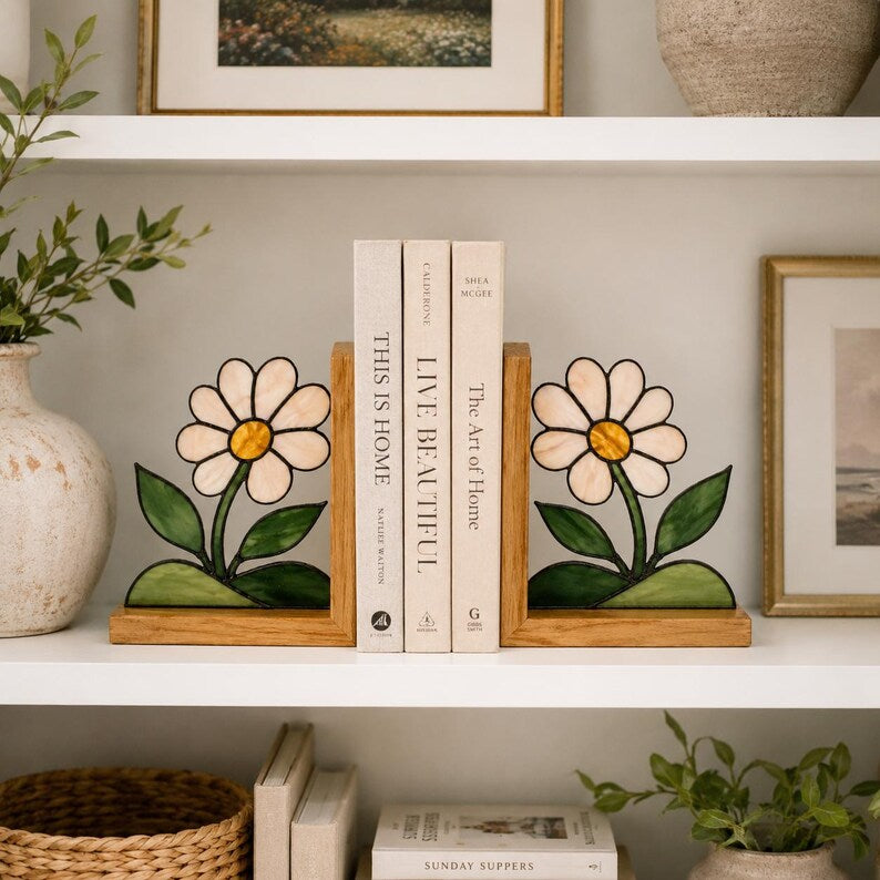 Gänseblümchen Buntglas Buchstützen 2er Set, Holz Buchhalter, Bücherregal Dekor