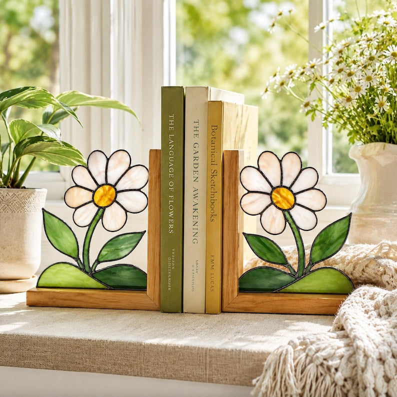 Gänseblümchen Buntglas Buchstützen 2er Set, Holz Buchhalter, Bücherregal Dekor