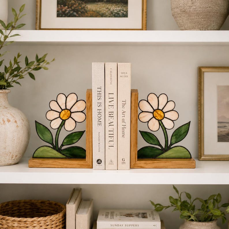 Gänseblümchen Buntglas Buchstützen 2er Set, Holz Buchhalter, Bücherregal Dekor