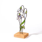 Kolibri- und Lilien-Skulptur aus Buntglas, Tiffany-Technik, Eichensockel, 26 cm