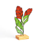 Kolibri- und Lilien-Skulptur aus Buntglas, Tiffany-Technik, Eichensockel, 26 cm