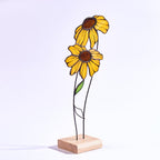 Kolibri- und Lilien-Skulptur aus Buntglas, Tiffany-Technik, Eichensockel, 26 cm