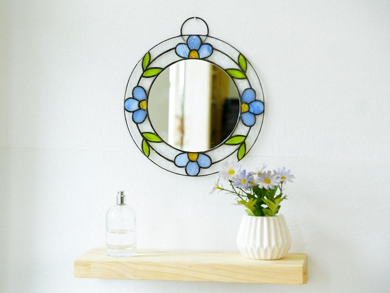 Blauer Buntglas-Spiegel, handgefertigter Hängespiegel, Boho Wanddekoration