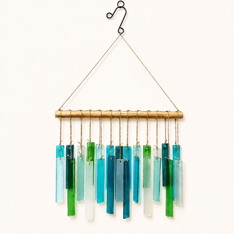 Windspiel aus blaugrünem Glas mit Bambus-Stab, Boho-Gartendekoration