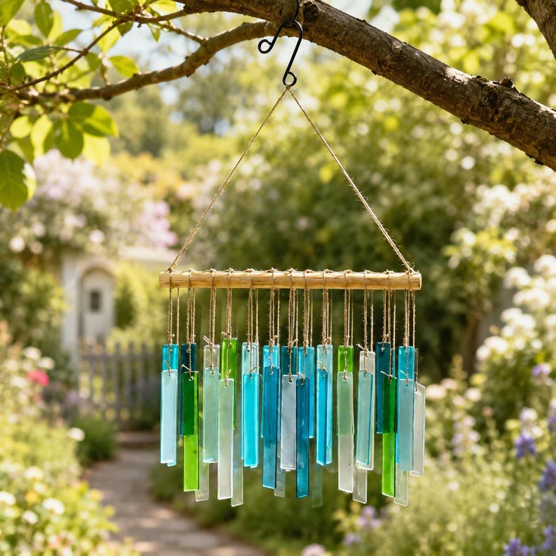 Windspiel aus blaugrünem Glas mit Bambus-Stab, Boho-Gartendekoration