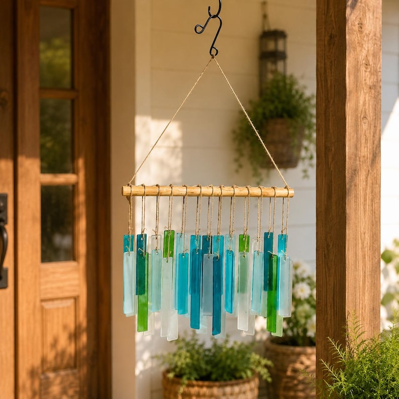 Windspiel aus blaugrünem Glas mit Bambus-Stab, Boho-Gartendekoration