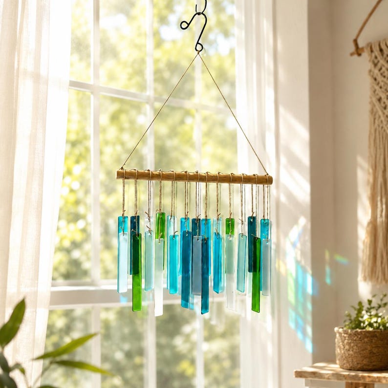 Windspiel aus blaugrünem Glas mit Bambus-Stab, Boho-Gartendekoration