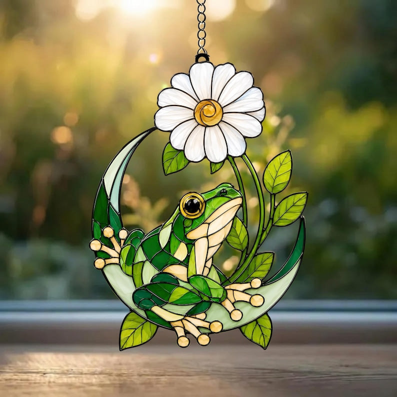 Frosch Gänseblümchen Sonnenfänger Acryl Fenster Deko Halbmond Buntglas Stil