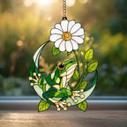 Frosch Gänseblümchen Sonnenfänger Acryl Fenster Deko Halbmond Buntglas Stil