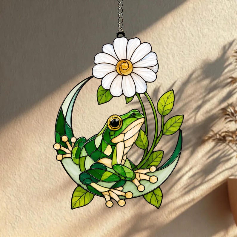 Frosch Gänseblümchen Sonnenfänger Acryl Fenster Deko Halbmond Buntglas Stil