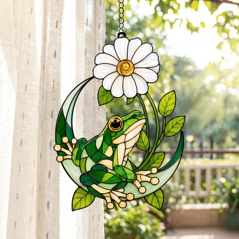 Frosch Gänseblümchen Sonnenfänger Acryl Fenster Deko Halbmond Buntglas Stil