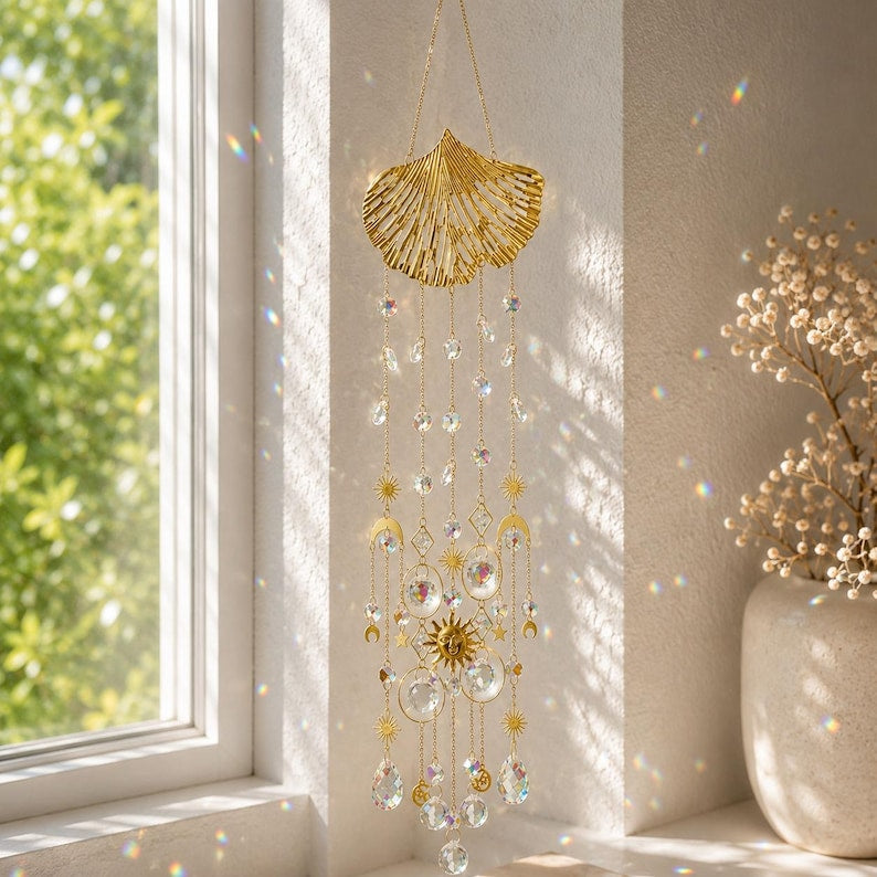 Ginkgo Kristall Windspiel Suncatcher Fenster Deko Gold Prisma Hänge Deko für Zuhause Garten