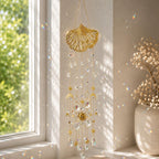 Ginkgo Kristall Windspiel Suncatcher Fenster Deko Gold Prisma Hänge Deko für Zuhause Garten