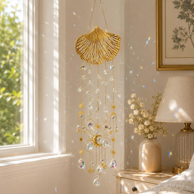 Ginkgo Kristall Windspiel Suncatcher Fenster Deko Gold Prisma Hänge Deko für Zuhause Garten