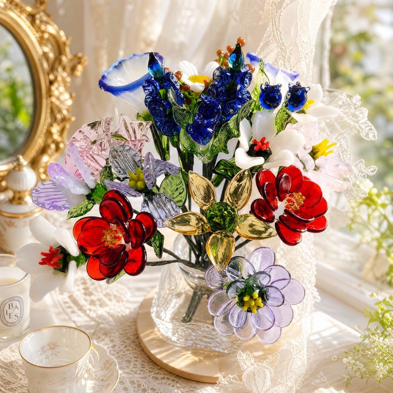 Geburtsmonatsblume aus Glas, mundgeblasene Glasblume, handgefertigtes Deko-Arrangement, 25 cm