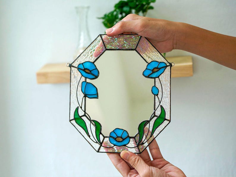 Buntglas-Wandspiegel mit Mohnblumenmuster, Landhausstil Wohndeko
